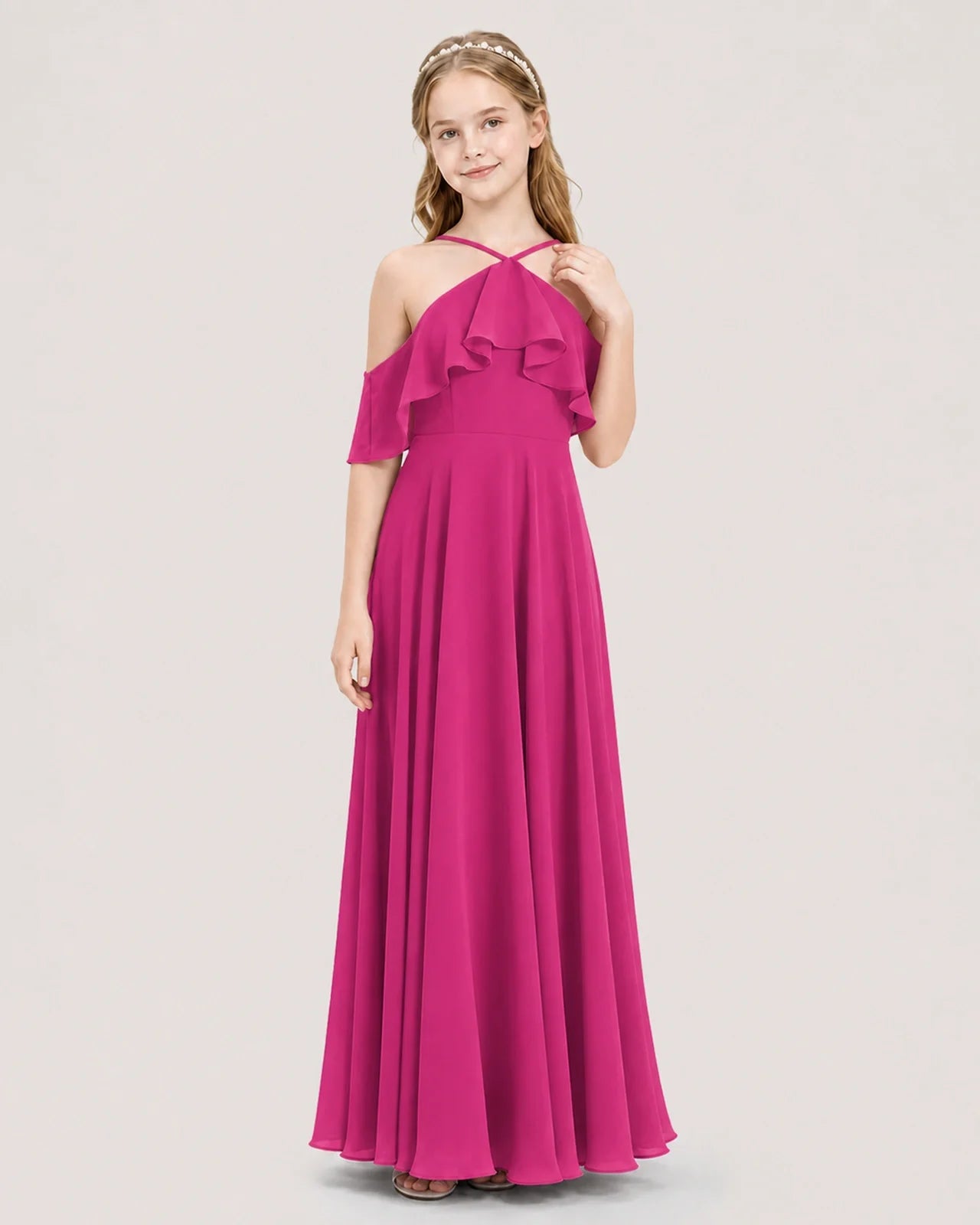 Hot Pink Chiffon Ruffled Halter Junior Bridesmaid Dresses Front View