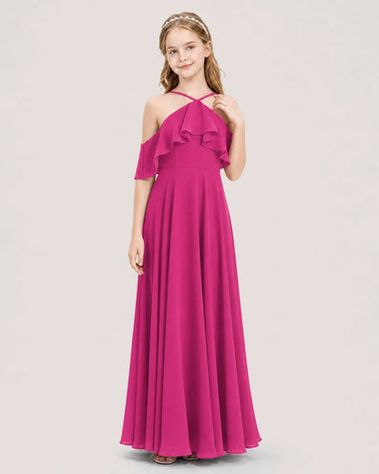 Hot Pink Chiffon Ruffled Halter Junior Bridesmaid Dresses Front View
