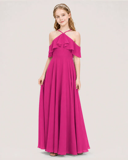 Hot pink chiffon halter cold shoulder junior bridesmaid dress Side View