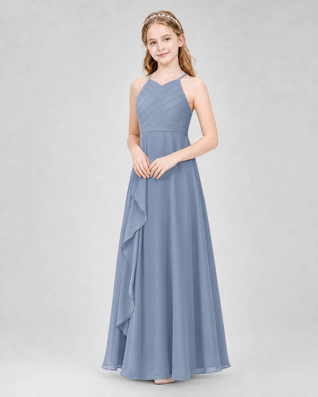 Dusty Blue A-line Junior Bridesmaid Dresses Side