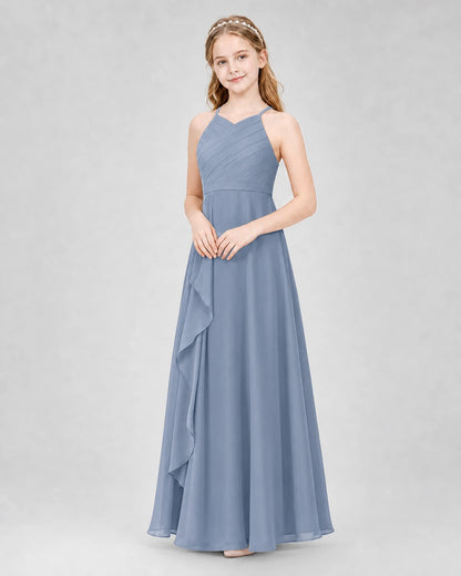 Dusty Blue A-line Junior Bridesmaid Dresses Side