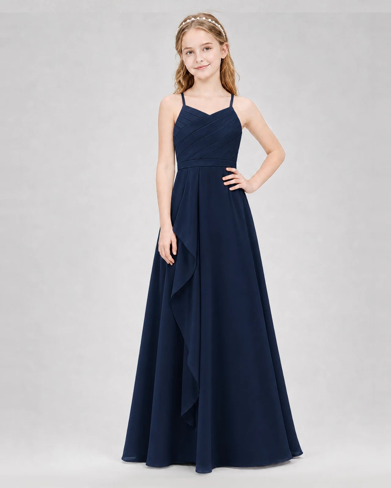 Navy blue A-line Junior Bridesmaid Dresses Front