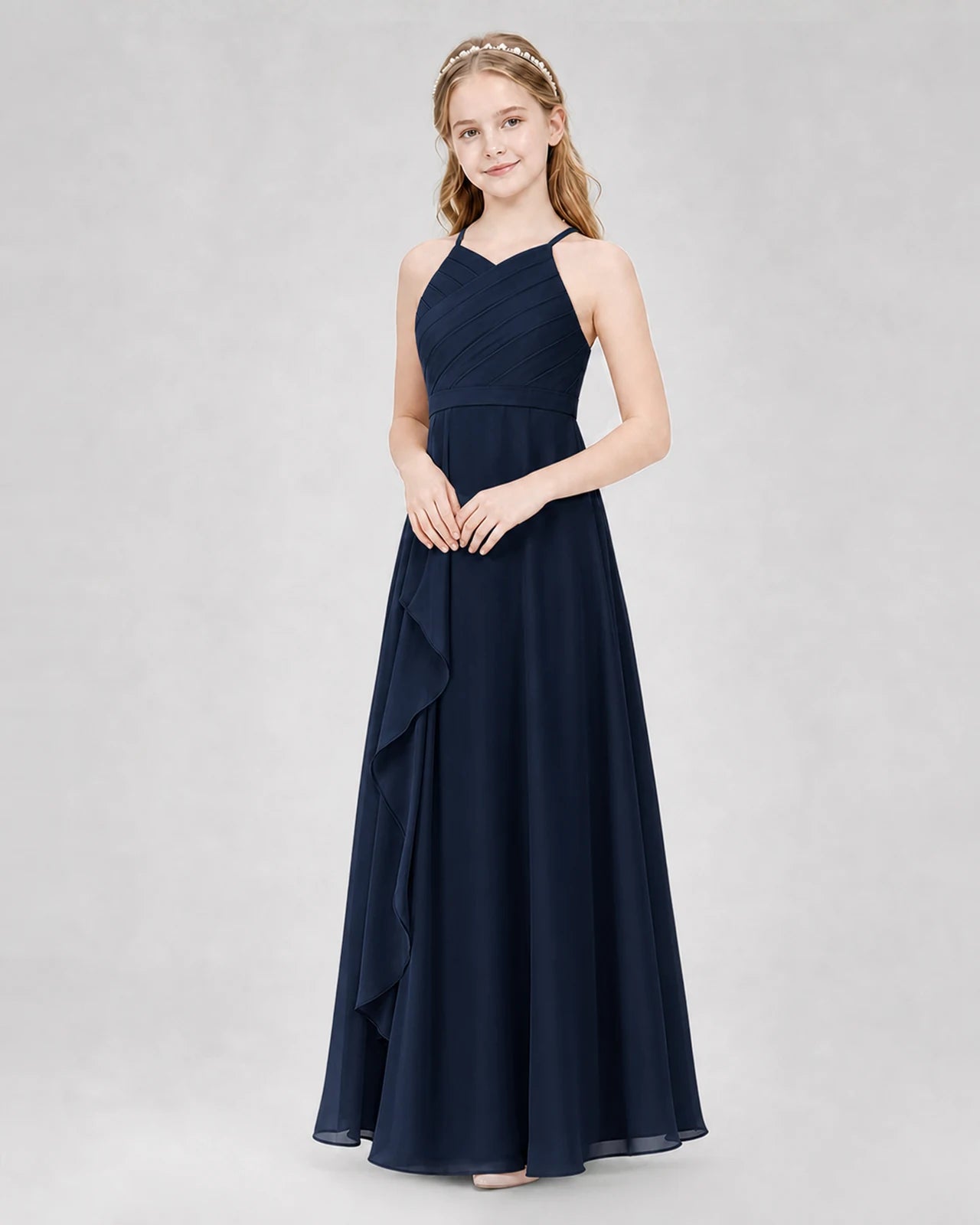 Navy blue A-line Junior Bridesmaid Dresses Side