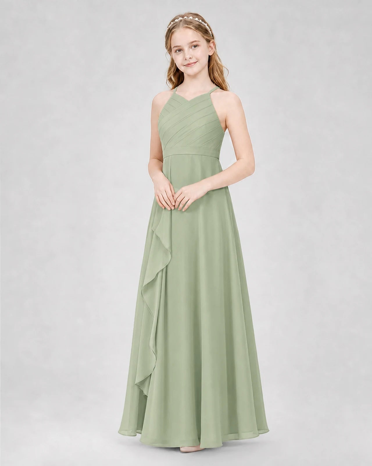 Sage Green A-line Junior Bridesmaid Dresses Side