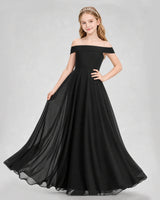 Black Chiffon Off-the-Shoulder Junior Bridesmaid Dresses Front View