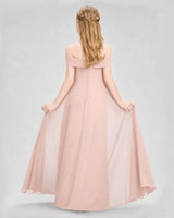 Blush Pink Chiffon Off-the-Shoulder Junior Bridesmaid Dresses Back View