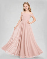 Blush Pink Chiffon Off-The-Shoulder Junior Bridesmaid Dresses Front View