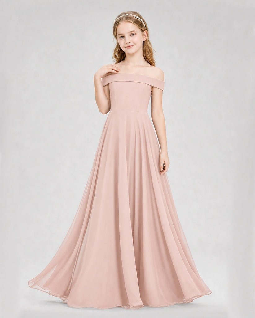 Blush Pink Chiffon Off-The-Shoulder Junior Bridesmaid Dress