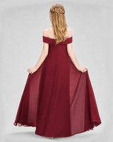 Burgundy chiffon off-the-shoulder junior bridesmaid dress, back view