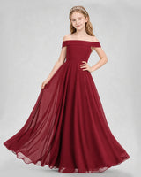Burgundy Chiffon Off-the-Shoulder Junior Bridesmaid Dresses Front View