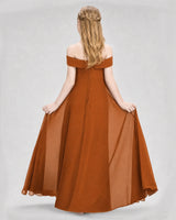 Burnt Orange Chiffon Off-the-Shoulder Junior Bridesmaid Dress Back View