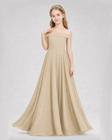 Champagne Chiffon Off-The-Shoulder Junior Bridesmaid Dresses