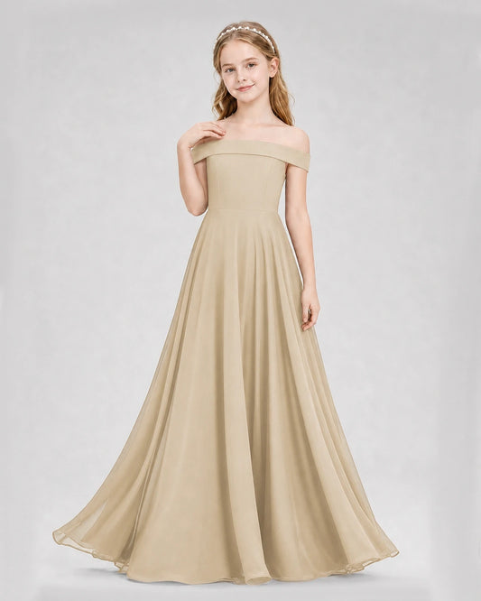 Champagne Chiffon Off-The-Shoulder Junior Bridesmaid Dresses