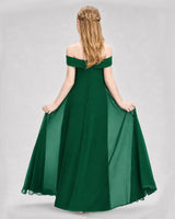 Dark Green Chiffon Off-The-Shoulder Junior Bridesmaid Dresses Back View