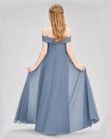 Dusty Blue Chiffon Off-the-Shoulder Junior Bridesmaid Dresses Back View