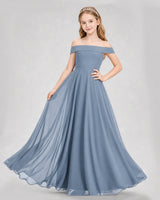 Dusty Blue Chiffon Off-The-Shoulder Junior Bridesmaid Dresses Front View