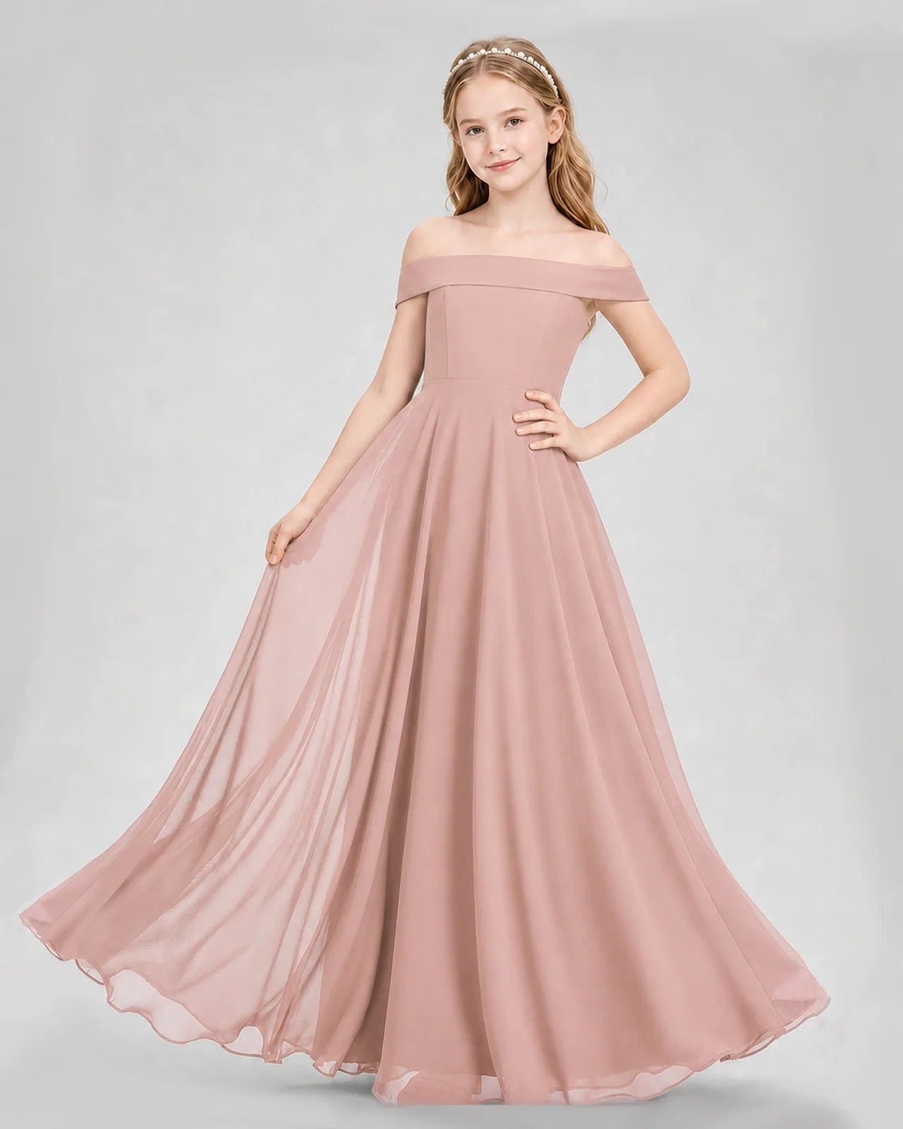 Dideyttawl Off the Shoulder Chiffon Junior Bridesmaid Dress