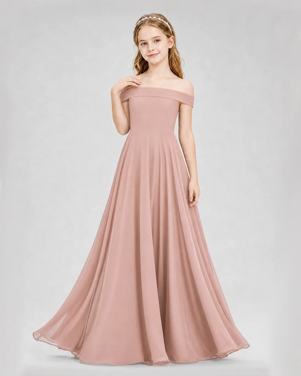Dideyttawl Off the Shoulder Chiffon Junior Bridesmaid Dress