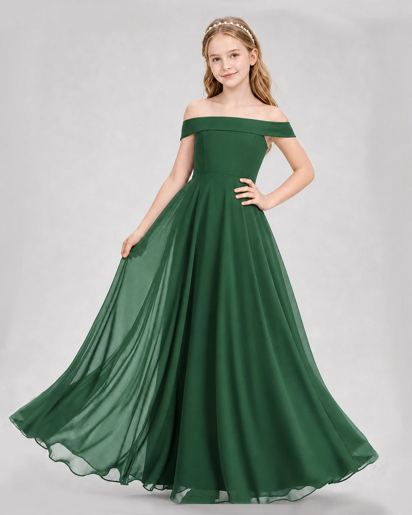 Emerald green chiffon off-the-shoulder junior bridesmaid dress, front view