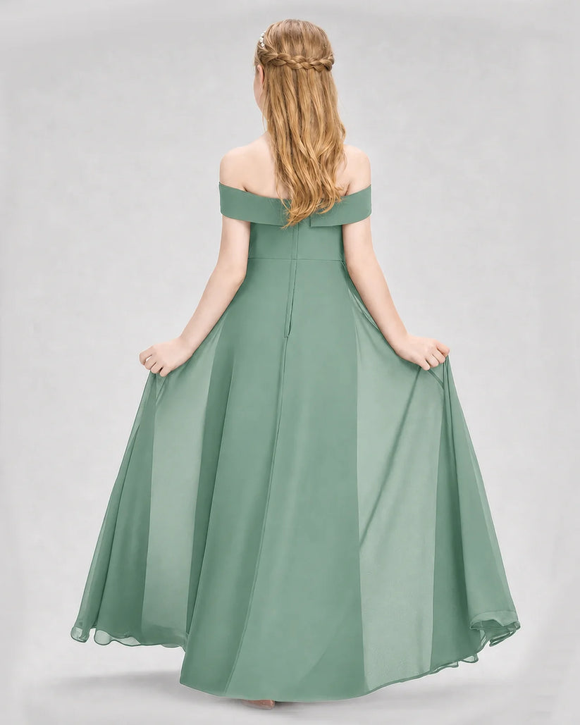 Eucalyptus Chiffon Off-The-Shoulder Junior Bridesmaid Dresses Back View