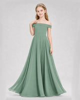 Eucalyptus Chiffon Off-The-Shoulder Junior Bridesmaid Dresses