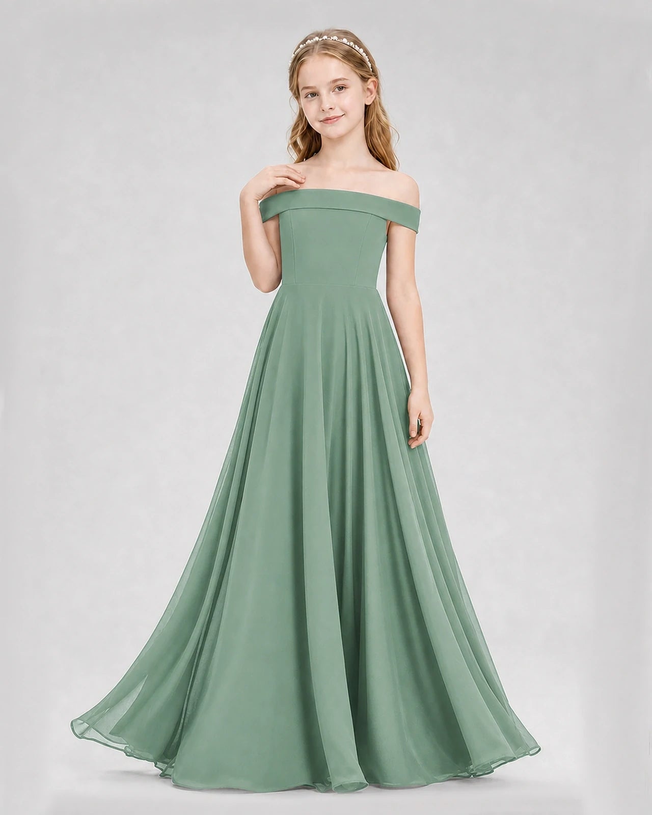 Eucalyptus Chiffon Off-The-Shoulder Junior Bridesmaid Dresses