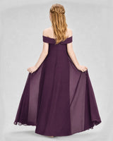 Grape Chiffon Off-The-Shoulder Junior Bridesmaid Dresses Back View