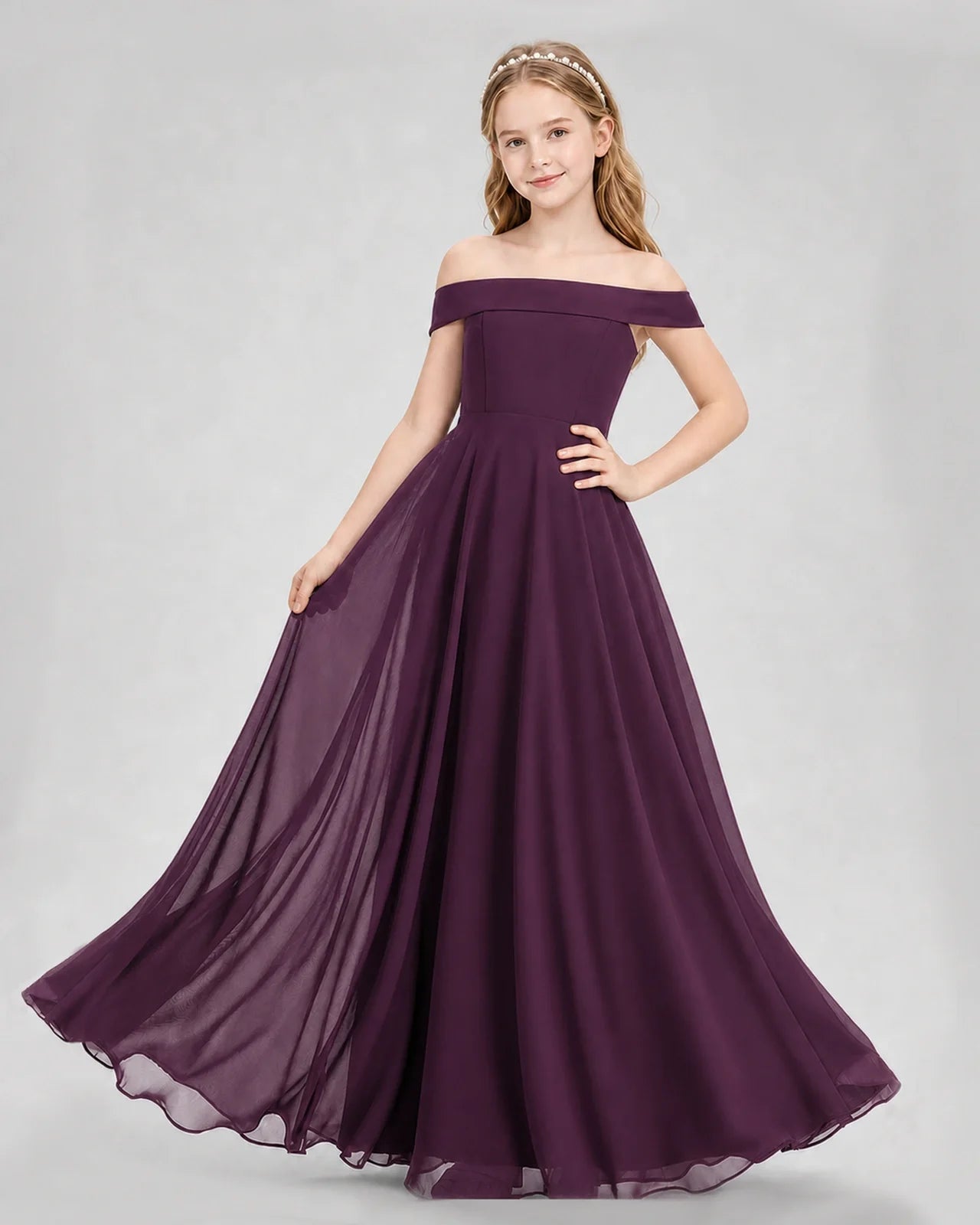 Dideyttawl Off the Shoulder Chiffon Junior Bridesmaid Dress