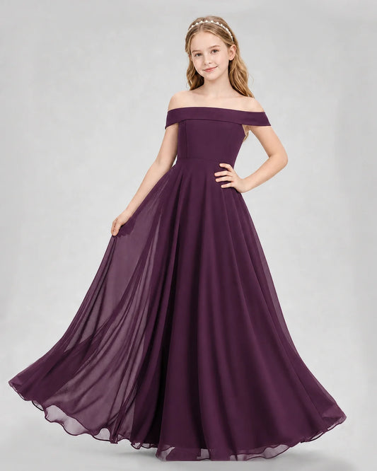 Grape Chiffon Off-the-Shoulder Junior Bridesmaid Dresses Front View
