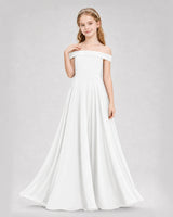 Ivory chiffon off-the-shoulder junior bridesmaid dress