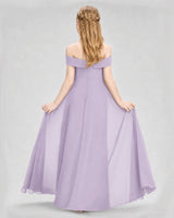 Lavender chiffon off-the-shoulder junior bridesmaid dress Back View