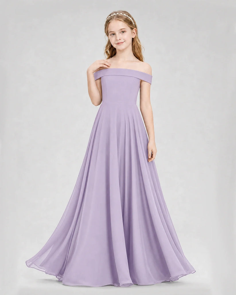 Lavender Chiffon Off-the-Shoulder Junior Bridesmaid Dresses