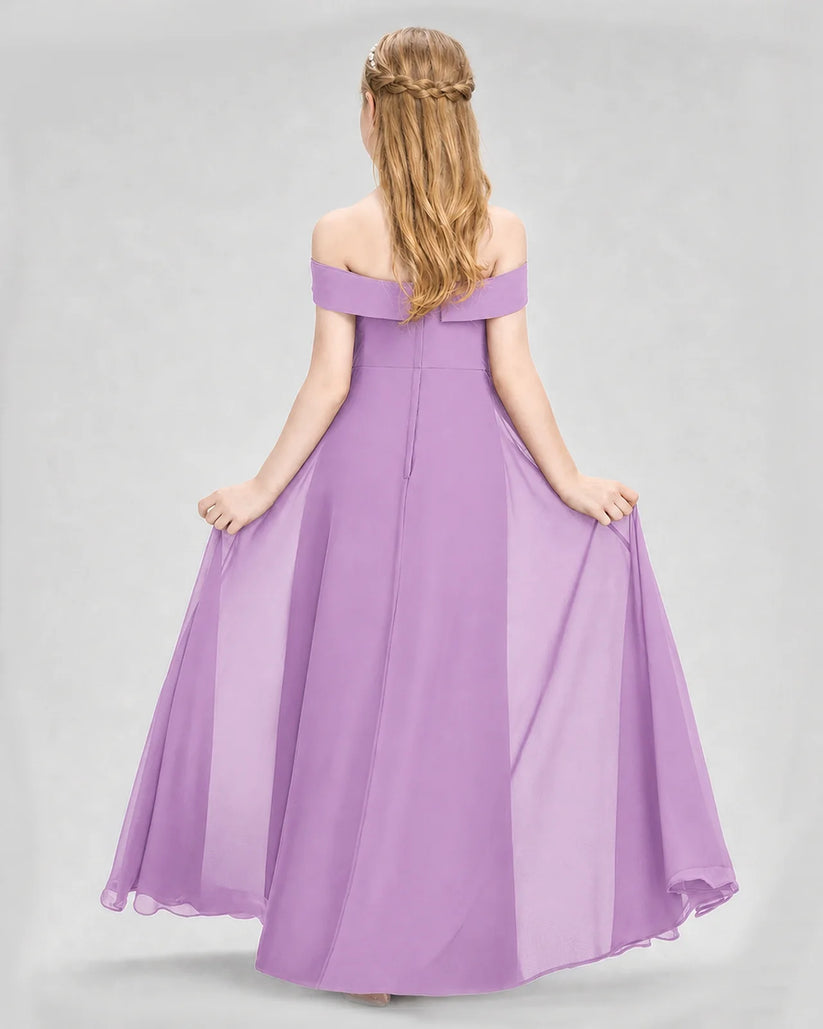 Lilac Chiffon Off-the-Shoulder Junior Bridesmaid Dresses Back View