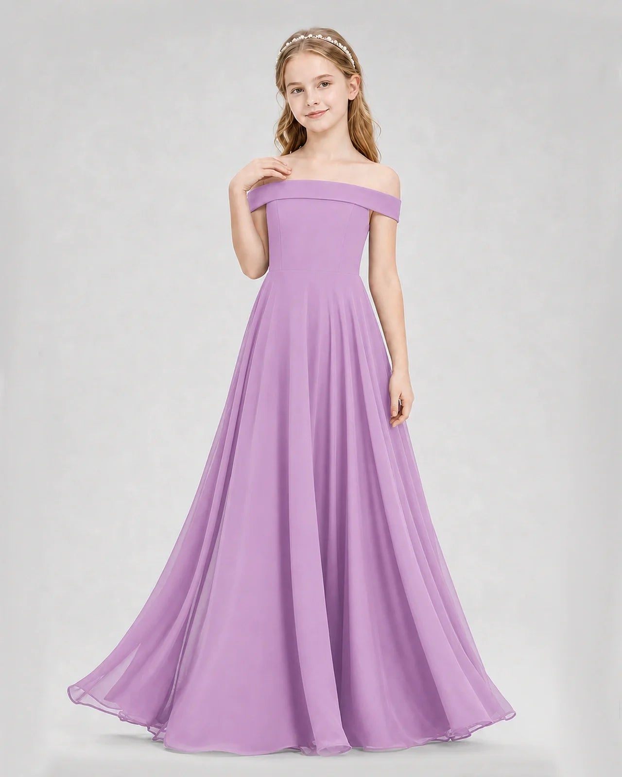 Dideyttawl Off the Shoulder Chiffon Junior Bridesmaid Dress
