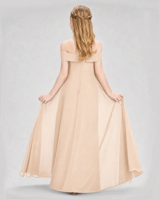 Peach Chiffon Off-The-Shoulder Junior Bridesmaid Dresses Back View