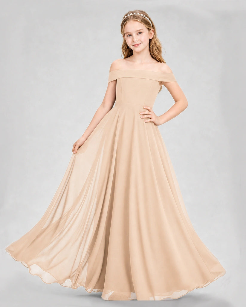 Peach Chiffon Off-the-Shoulder Junior Bridesmaid Dresses Front View