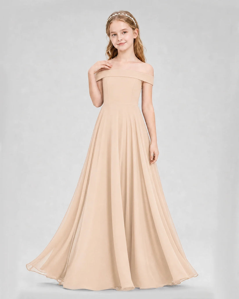Peach Chiffon Off-The-Shoulder A-Line Junior Bridesmaid Dresses