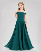 Peacock chiffon off-the-shoulder junior bridesmaid dress