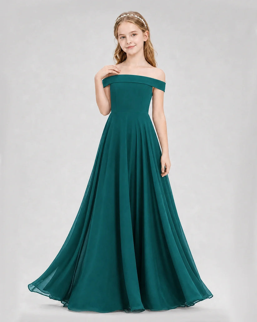 Peacock chiffon off-the-shoulder junior bridesmaid dress