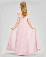Pink Chiffon Off-The-Shoulder Junior Bridesmaid Dresses Back View