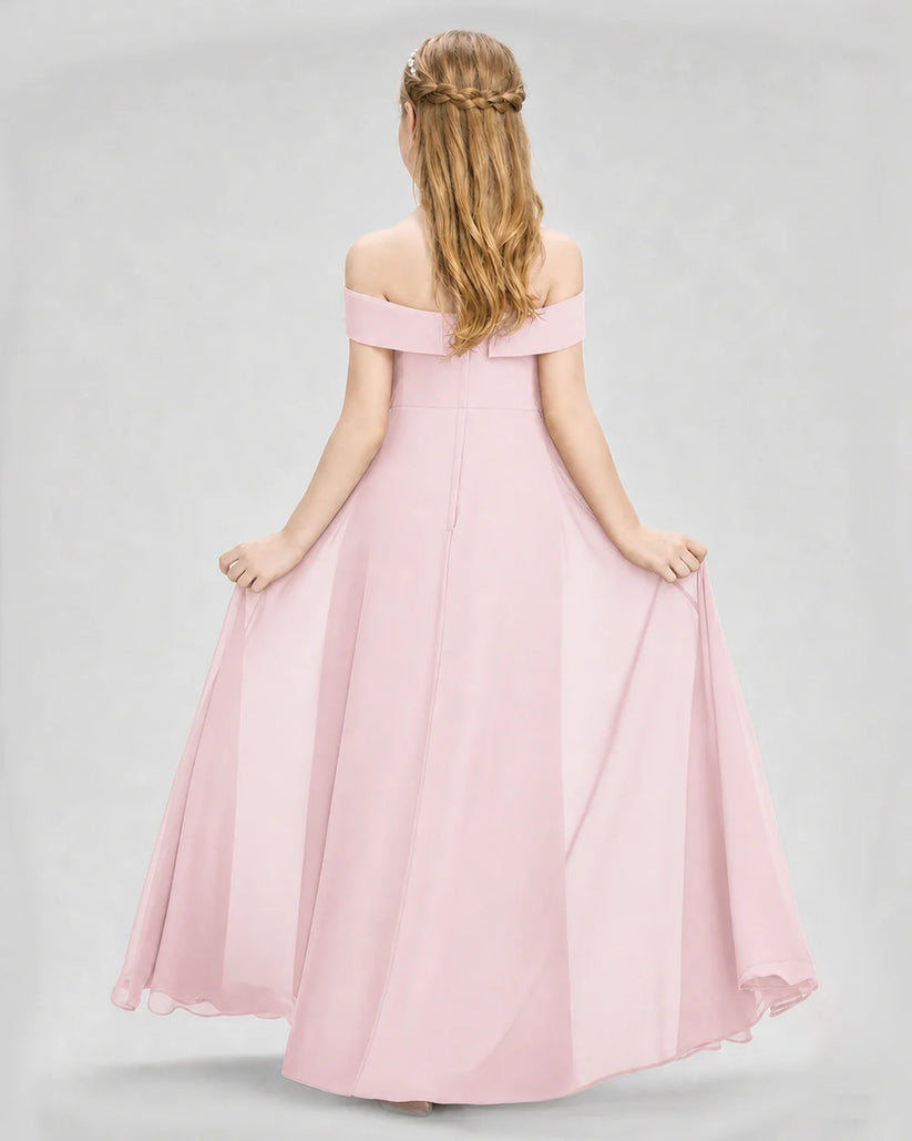 Pink Chiffon Off-The-Shoulder Junior Bridesmaid Dresses Back View