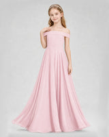 Pink chiffon off-the-shoulder junior bridesmaid dress