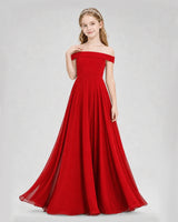 Red Chiffon Off-the-Shoulder A-Line Junior Bridesmaid Dresses