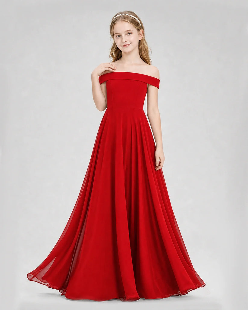 Red Chiffon Off-the-Shoulder A-Line Junior Bridesmaid Dresses