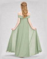 Sage Green Chiffon Off-the-Shoulder A-Line Junior Bridesmaid Dresses Back View