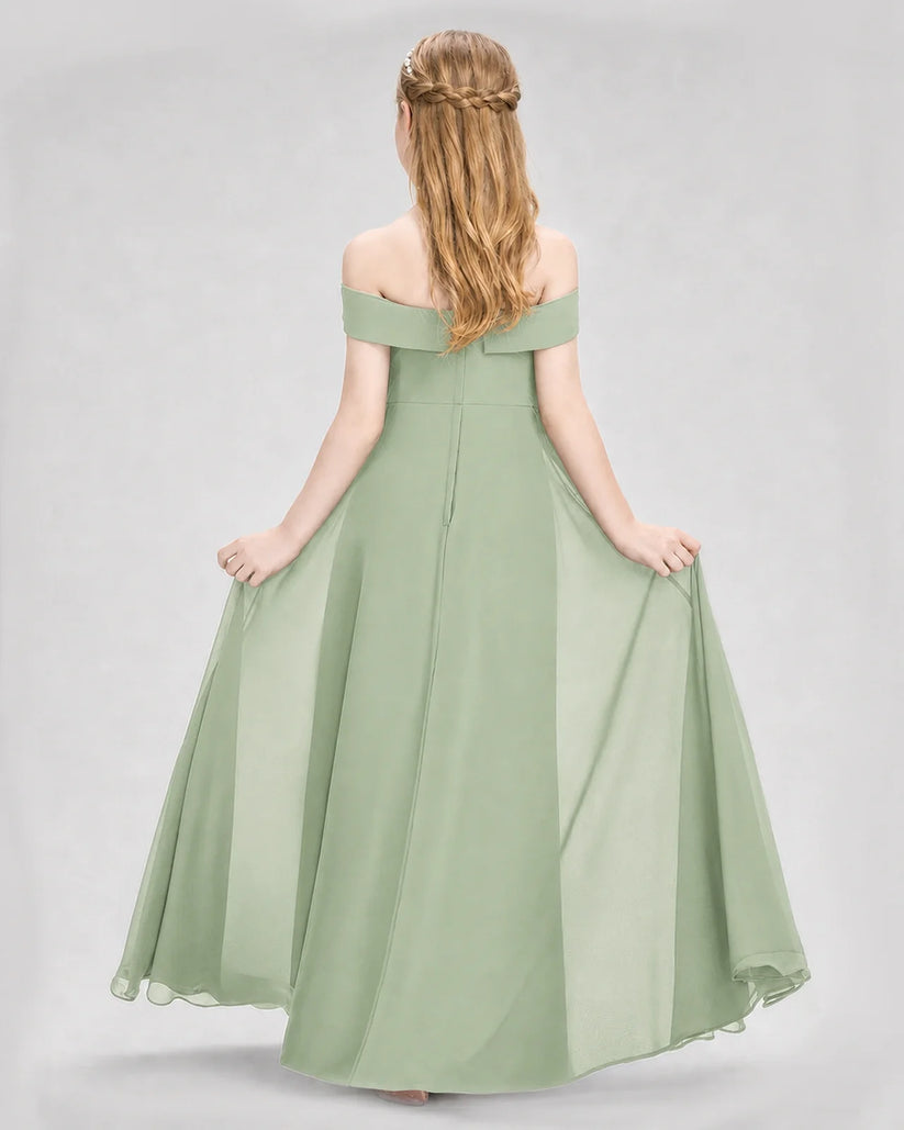 Sage Green Chiffon Off-the-Shoulder A-Line Junior Bridesmaid Dresses Back View