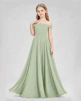 Sage Green Chiffon Off-The-Shoulder Junior Bridesmaid Dresses
