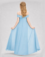 Sky Blue Chiffon Off-the-Shoulder Junior Bridesmaid Dresses Back View