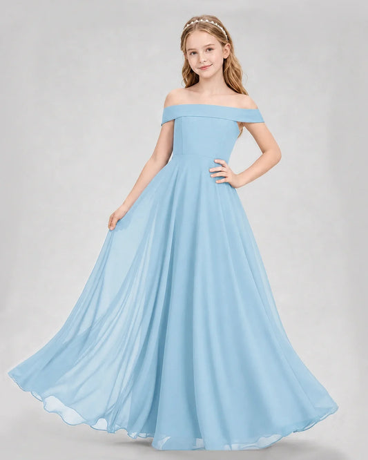 Sky blue chiffon off-the-shoulder junior bridesmaid dress Front View