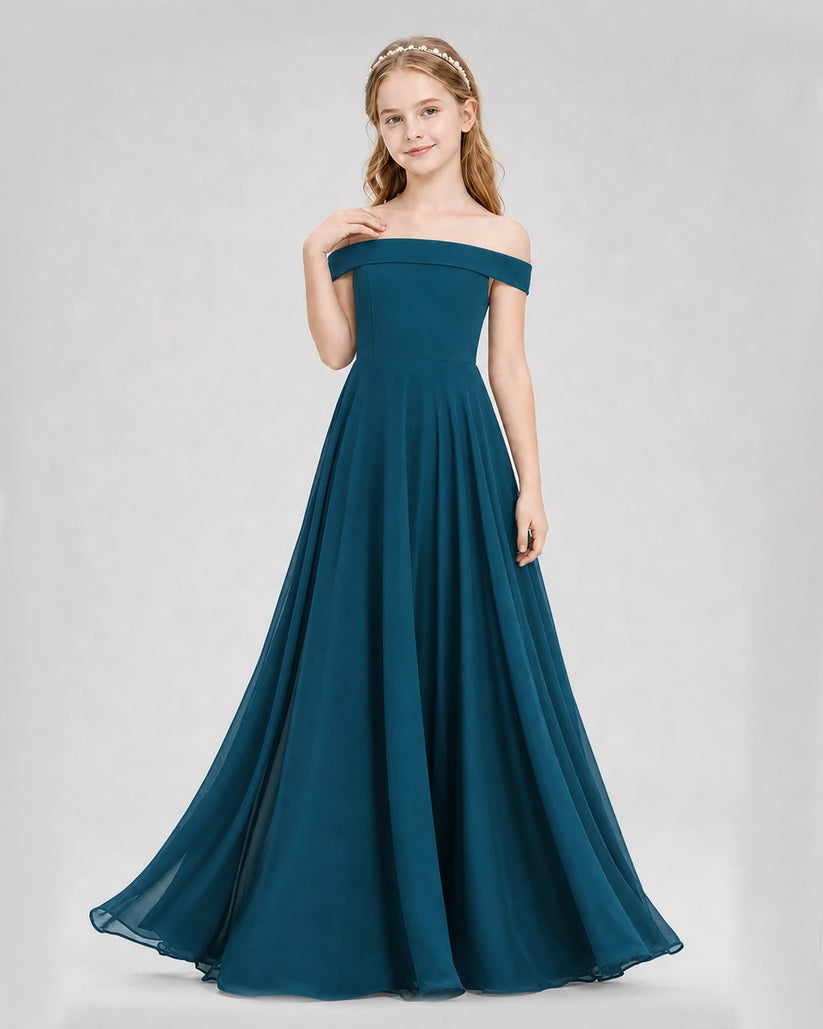 Teal Chiffon Off-The-Shoulder Junior Bridesmaid Dresses